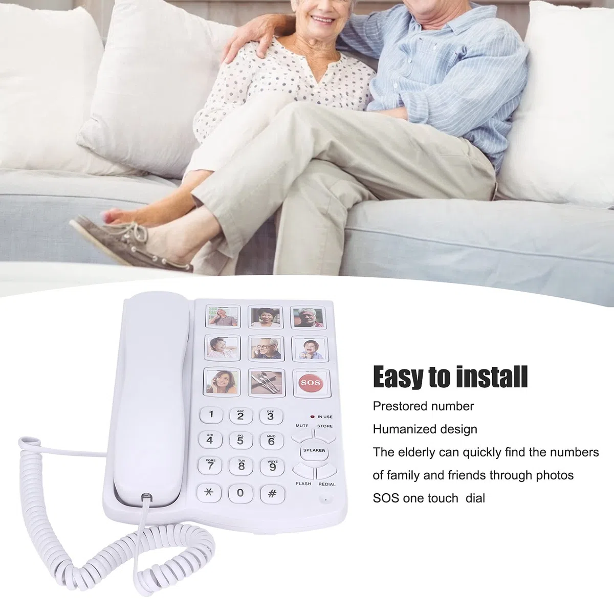 Teléfono con cable de botón grande, memoria fotográfica, marcación rápida y altavoz manos libres, amplificado para personas mayores, Alzheimer