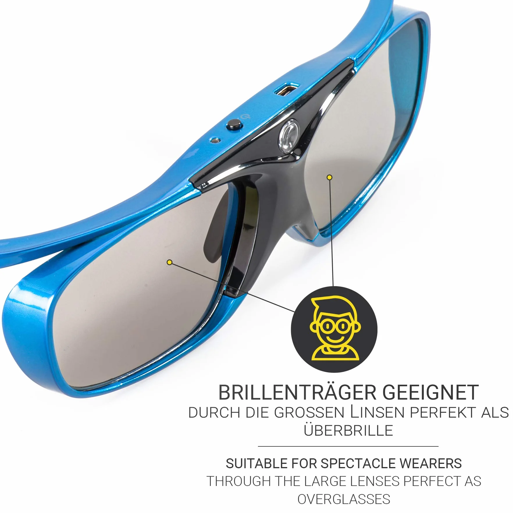 Hi-SHOCK DLP Pro Blue Heaven | Gafas DLP Link 3D para proyectores 3D DLP de Acer, BenQ, Largo, Optoma, Viewsonic, LG [Gafas de obturación | 96-200 Hz | Recargables | 32g | DLP Link | Azul]