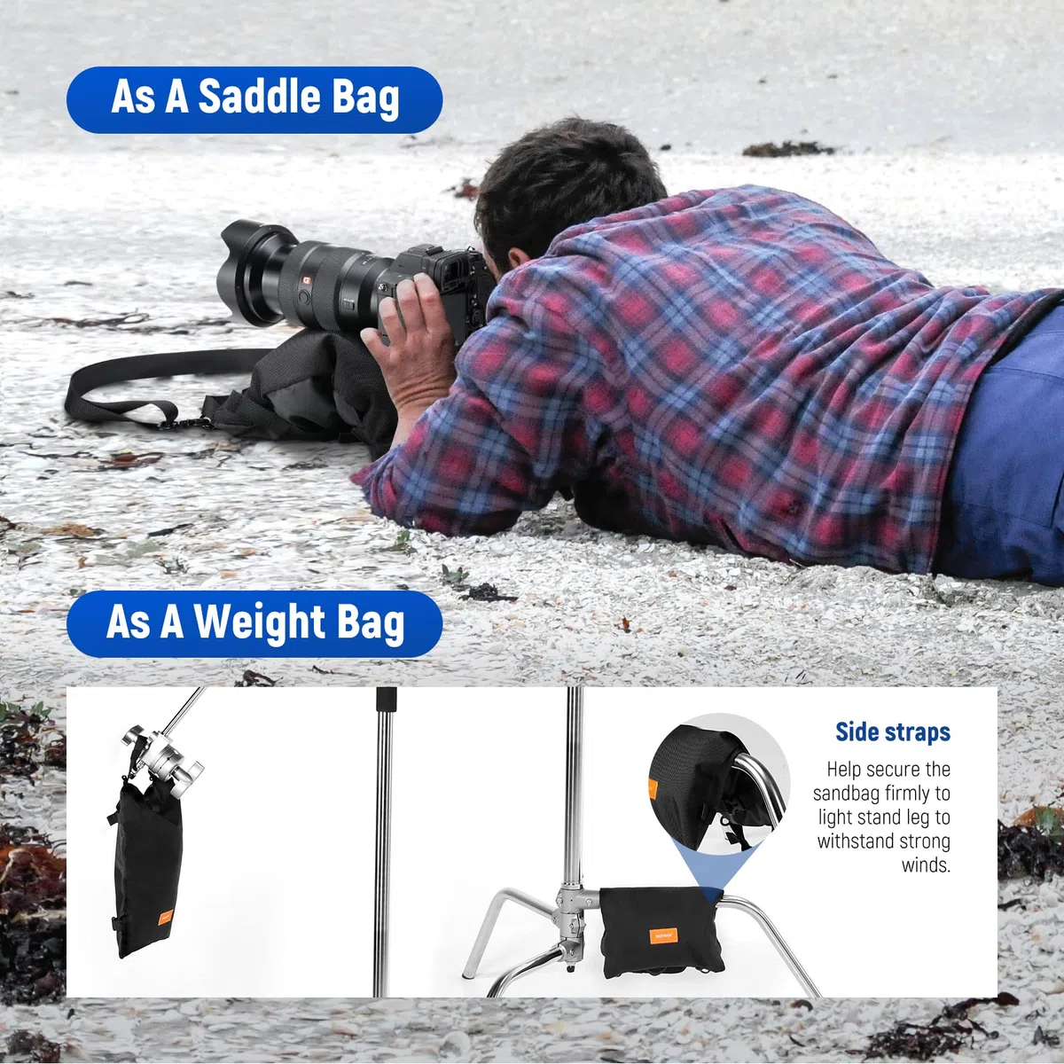 NEEWER Bolsa de Arena para Fotografía de Mano Plegable de 15,5" x 9,4", Correa para Hombro, Saco de Poliéster Resistente, Puf, para Soporte de Lente de Cámara y Soportes de Luz