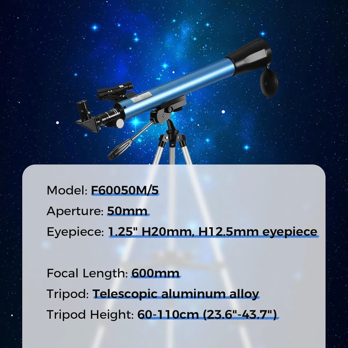 Telescopio Astronómico 50/600 mm, Telescopio Refractor para Niños y Principiantes con Visor de Punto Rojo, Trípode, Adaptador de Teléfono, 2 Oculares H12.5mm y H20mm