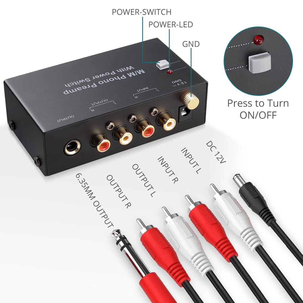 Preamplificador de Fono Ultracompacto con Bajo Nivel de Ruido para Tocadiscos MM, Salida/Entrada de RCA, Sonido de alta fidelidadInterruptor de Alimentación DC12V Fuente de Alimentación