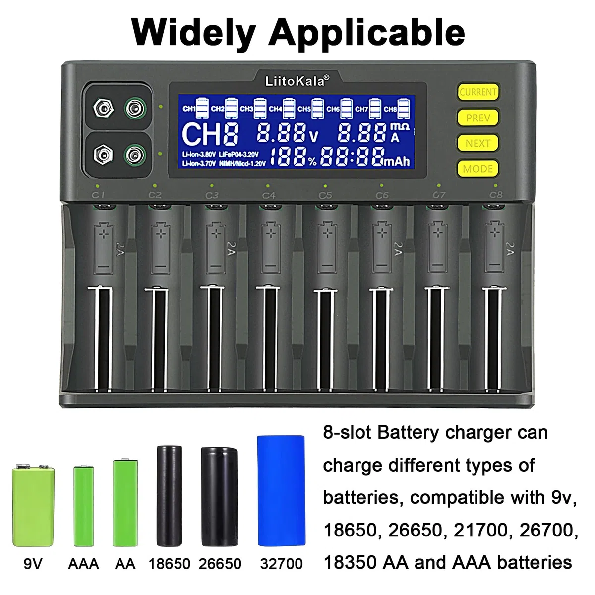 Cargador de batería MXJFYY LiitoKala LII-S8 Cargador rápido con Pantalla LCD táctil, 18650 de 8 Ranuras 9V para Li-Ion LiFePO4 Ni-MH Ni-CD AA AAA C 21700 26650 13650 16340 18700 RCR123