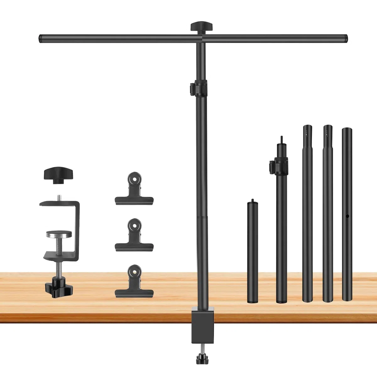 Soporte de Fondo 90x100 cm, 26-90 cm Soporte de Mesa de Altura Regulable con 3 travesaños, 3 Abrazaderas y Abrazadera en C para pancartas de Productos, Fondos de fotografía