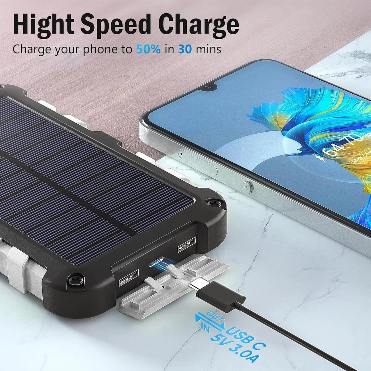 TOENNESEN Cargador Solar 26800 mAh Power Bank Solar, Bateria Externa con Carga Rápida 15 W Impermeable IPX4 2 Puertos USB + Linterna LED Compatible con Smartphones Tablets Camping y Emergencias, Gris