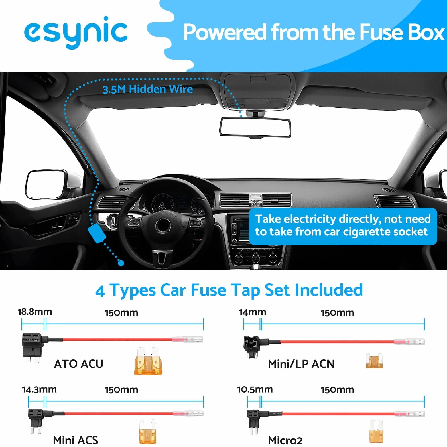 eSynic Dash CAM Hardwire Kit Tipo C Kit de Cableado Duro USB Dashcam 12V-24V a 5V para Cámara de Tablero con Adaptador Mini y Micro USB y 4 Tipos de Fusibles Mini/LP, ACS, ATO, Micro2, etc.
