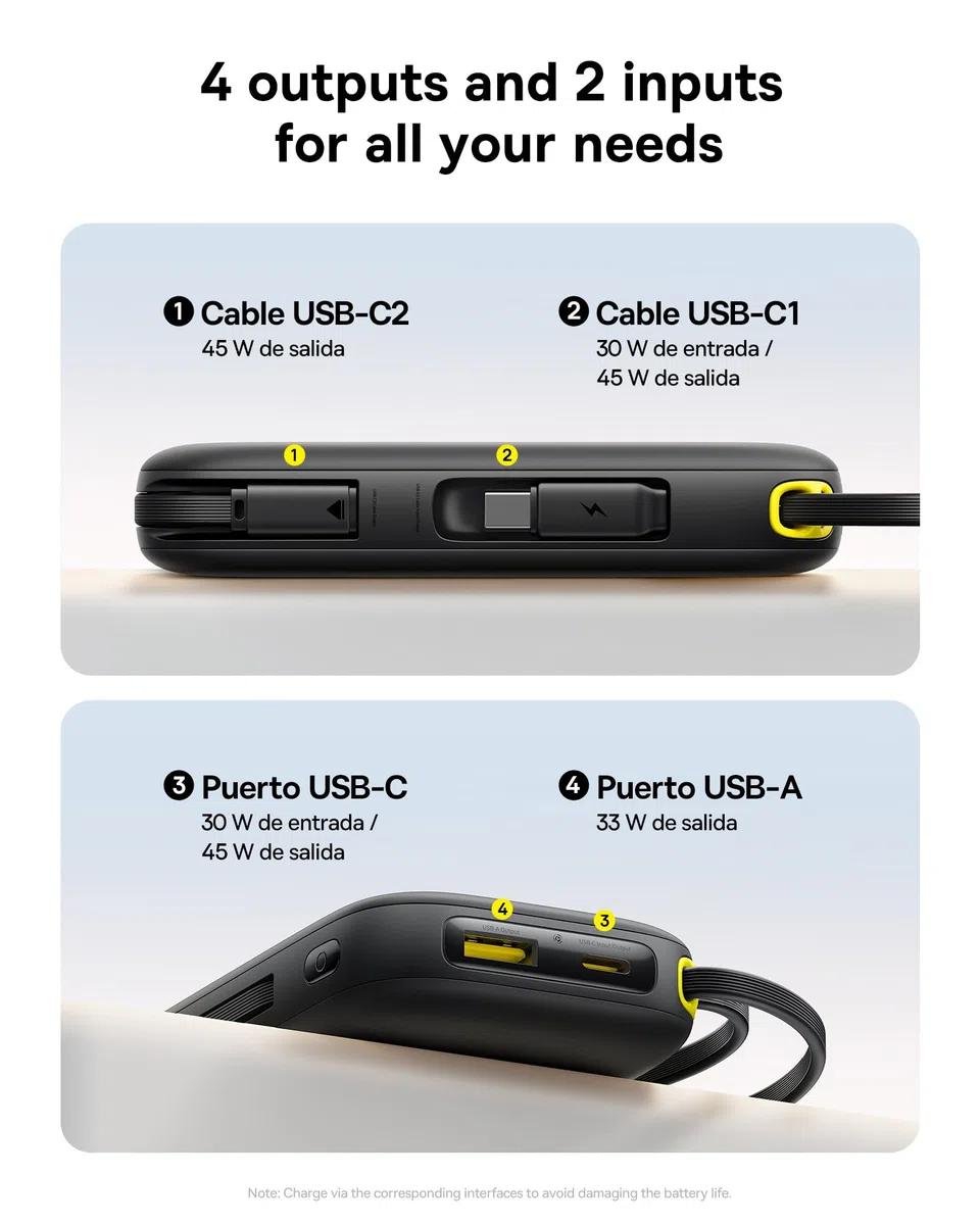 Baseus Powerbank 45W 20000mAh con 2 Cables USB-C Integrados, Power Bank PD3,0 QC4,0 Baterías Externas Carga Rapida, 3 C 1 A, Cargador Portátil para iPhone 17/16/15 Pro MAX, Samsung, Negro