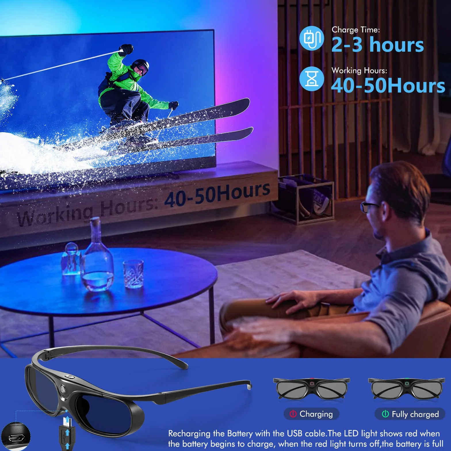 Gafas 3D, Gafas 3D DLP, Gafas 3D con Obturador Activo Recargables para Todos Los Proyectores 3DDLP-Link, Compatible con Benq, Optoma, DELL, Acer, Viewsonic Dlp Projector