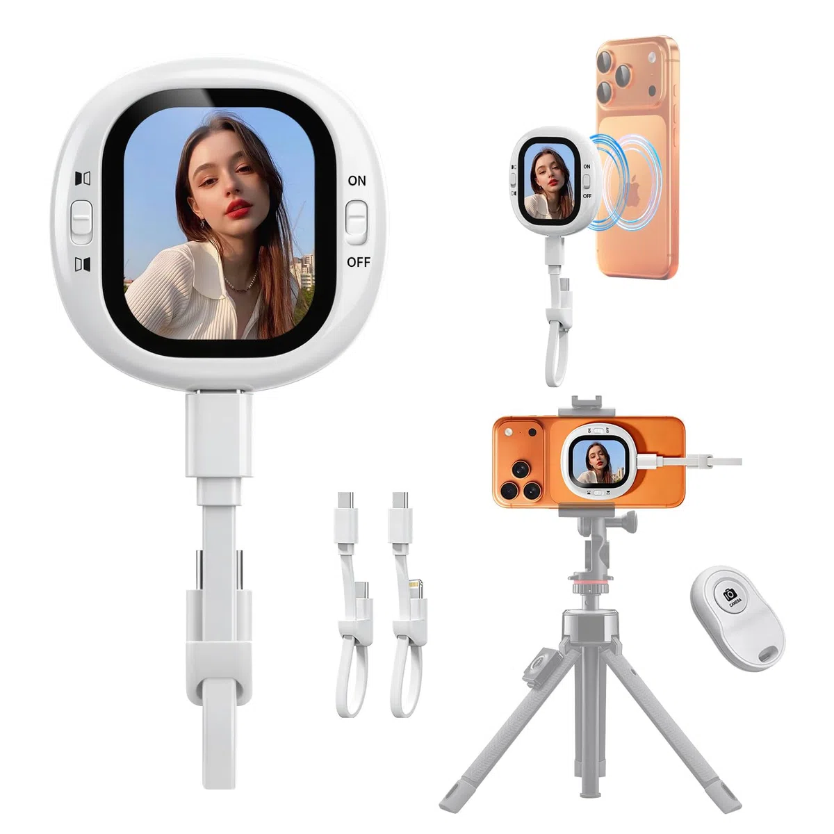 yAyusi Mini Monitor Magnético para Selfies y Vlogs para iPhone con Control Remoto, Cámara Trasera Portátil Compacta para iPhone con Duplicación Pantalla, Pantalla AMOLED HD para TikTok (Solo para iOS)