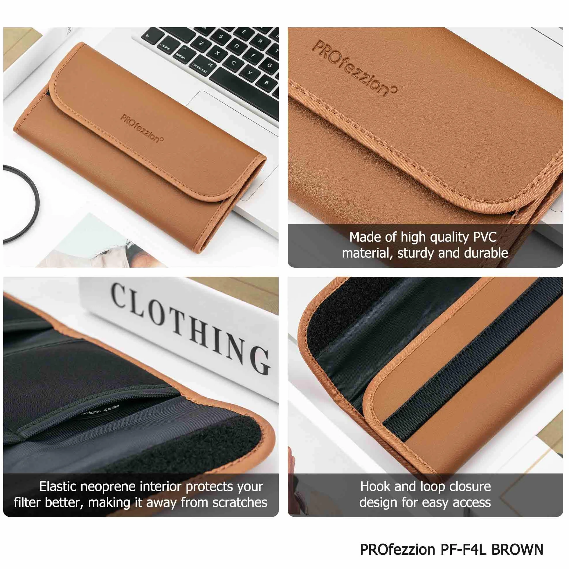 PROfezzion Estuche de Filtro con 4 Bolsillos para Lente Redondo ND CPL UV de hasta 82mm - Almacenamiento con Paño de Limpieza de Microfibra, Marrón