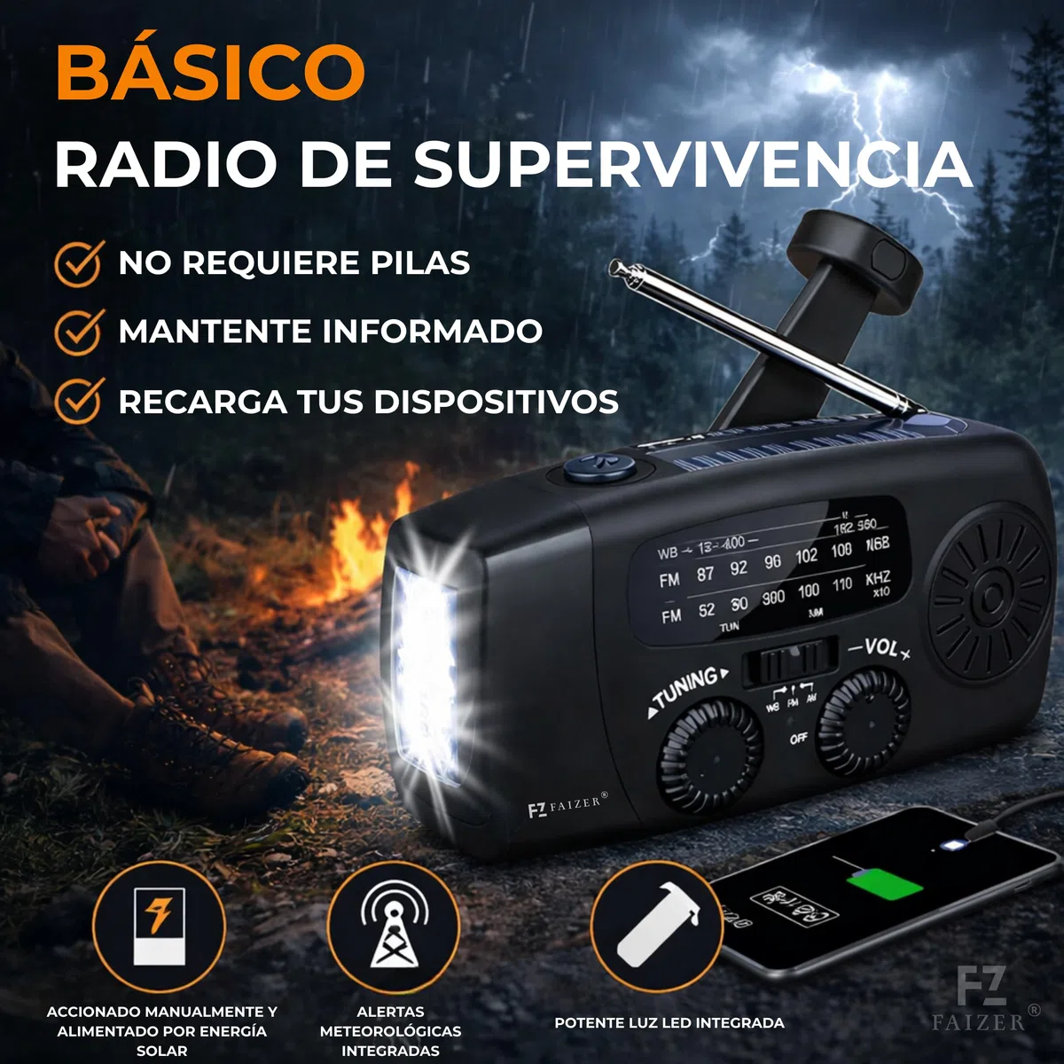 Radio Solar de Emergencia portatile con Manivela, 2000mAh, Power Bank, Radio a Pilas Am/FM/WB con Dinamo y Panel Solar, Linterna LED,linternas led Alta Potencia, Despertador Solar, Linterna Potente