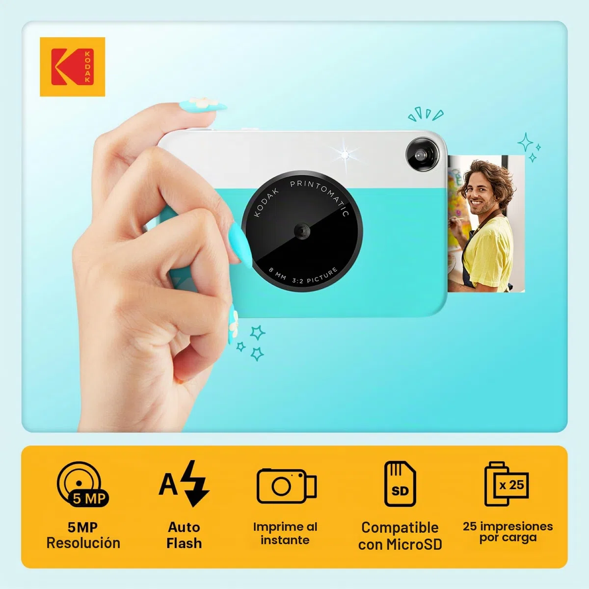 KODAK Printomatic Cámara digital instantánea - Fotos de calidad en papel fotográfico adhesivo Zink 2x3" - 5MP, portátil, regalo creativo para cumpleaños, Navidad, fiestas - Azul