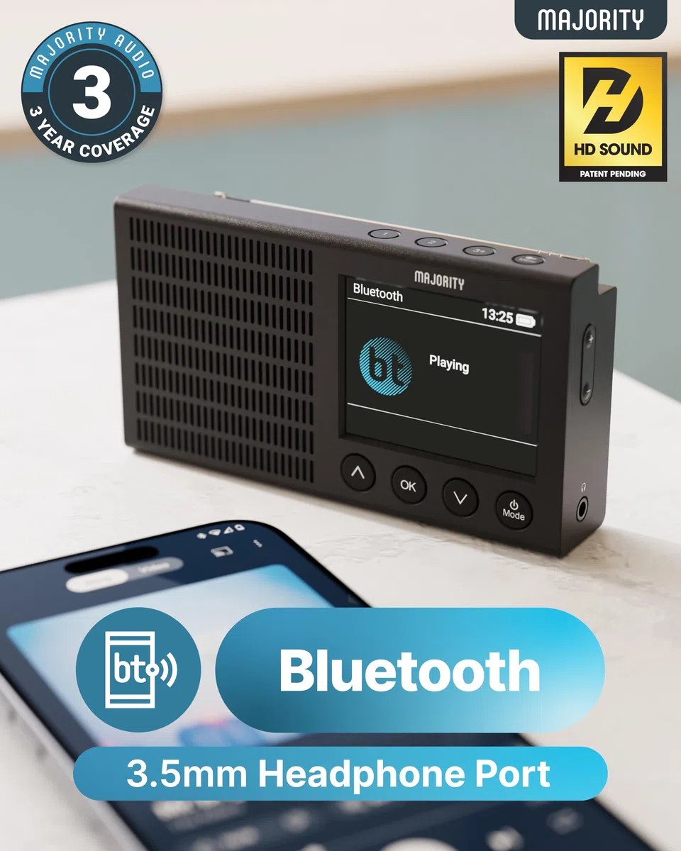 Radio Dab Plus Pequeña, Bluetooth Recargable Digitaradio, LCD, 40+ Presets, Reloj Despertador Doble, Radio Dab Plus, Digital, FM | MAJORITY Eddington Pequeña Radio