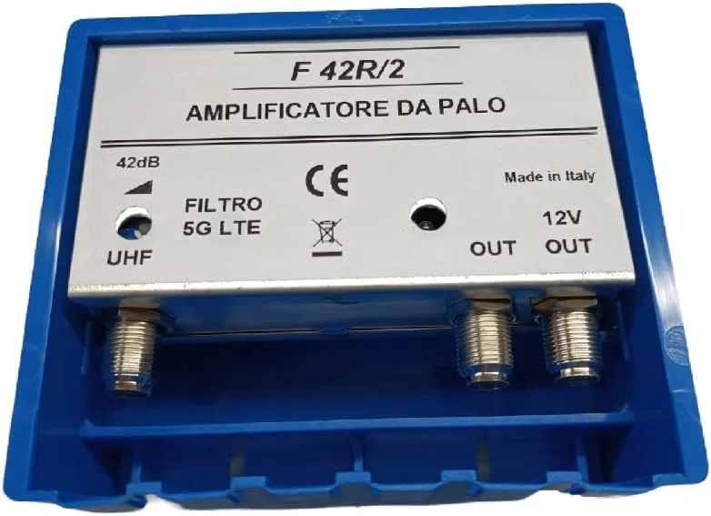 Amplificador de Antena de TV de Mástil con Filtro LTE/5G, Ganancia Máxima Ajustable 42Db, 2 Salidas, Amplificador de Antena de TV 1 Entrada UHF, Amplificador