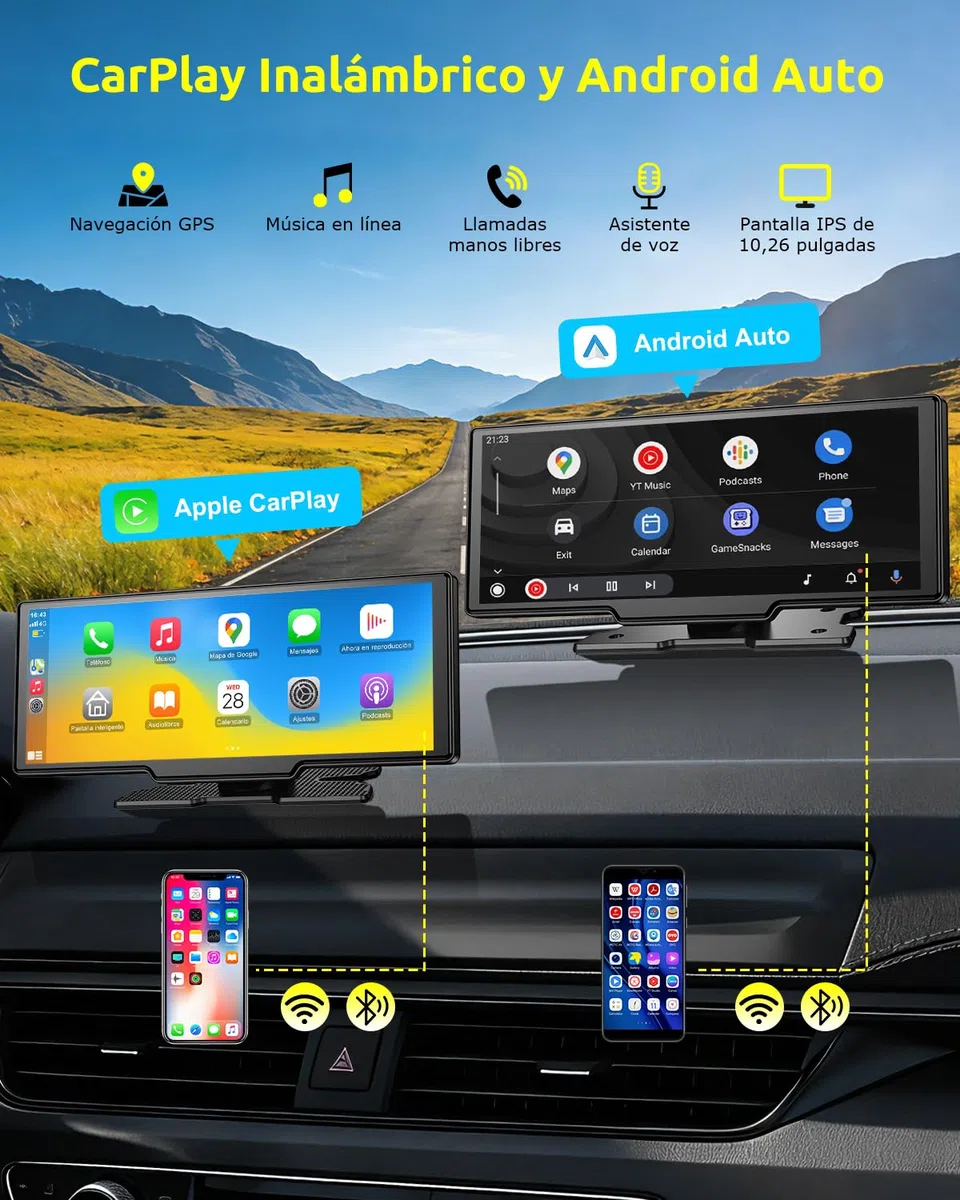 ESSGOO Pantalla Coche 10.26 Pulgadas Carplay y Android Auto Inalámbrico con 4 Sensor de Presión de Neumáticos Cámara Frontal 4K Trasera 1080P,IPS Táctil,Bluetooth,Mirror Link,Control por Voz,64GB TF