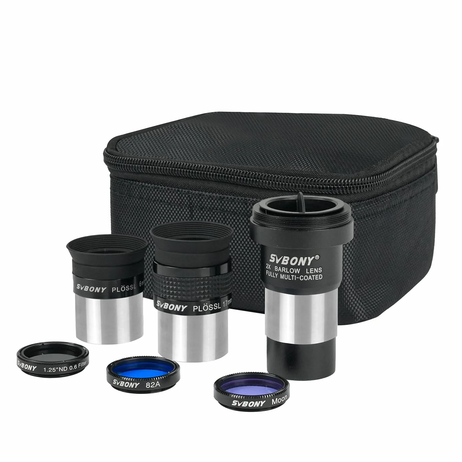 Svbony SV233 Ocular Telescopio Astronómico Kit, Ocular PLOSSL de 6mm, 17mm, 2X Lente Barlow, Filtro Lunar, Filtro ND4, Filtro de Color 82A, con Bolsa Portátil, Accesorio de Siete Piezas