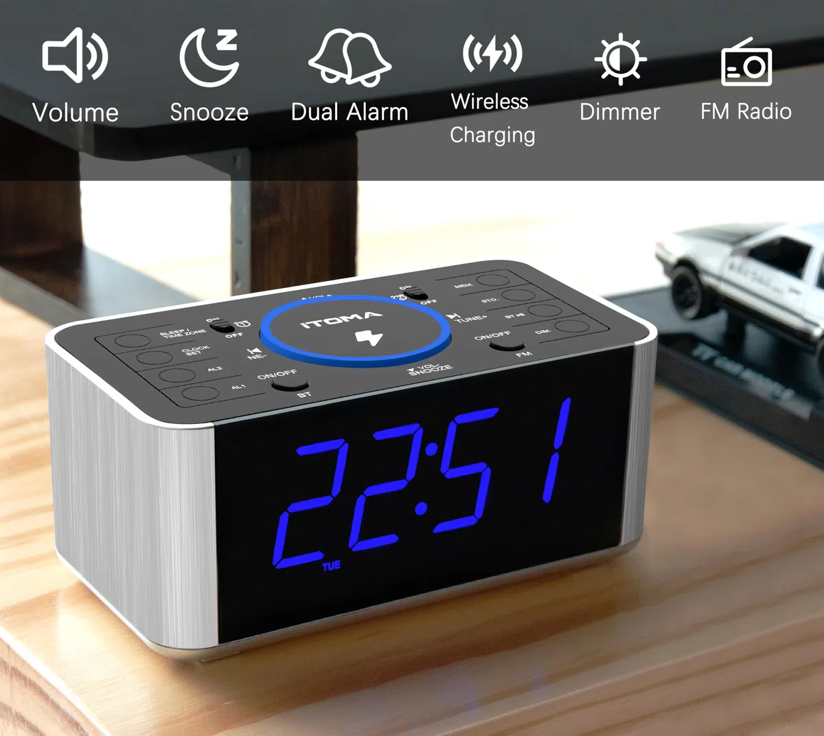iTOMA Radio de Despertador con Carga inalámbrica 5w, Snooze, Bluetooth, Despertador Doble, Pantalla LED de 1,4 Pulgadas, dimmer, Reloj de Carga USB en la cabecera de la Cama 206