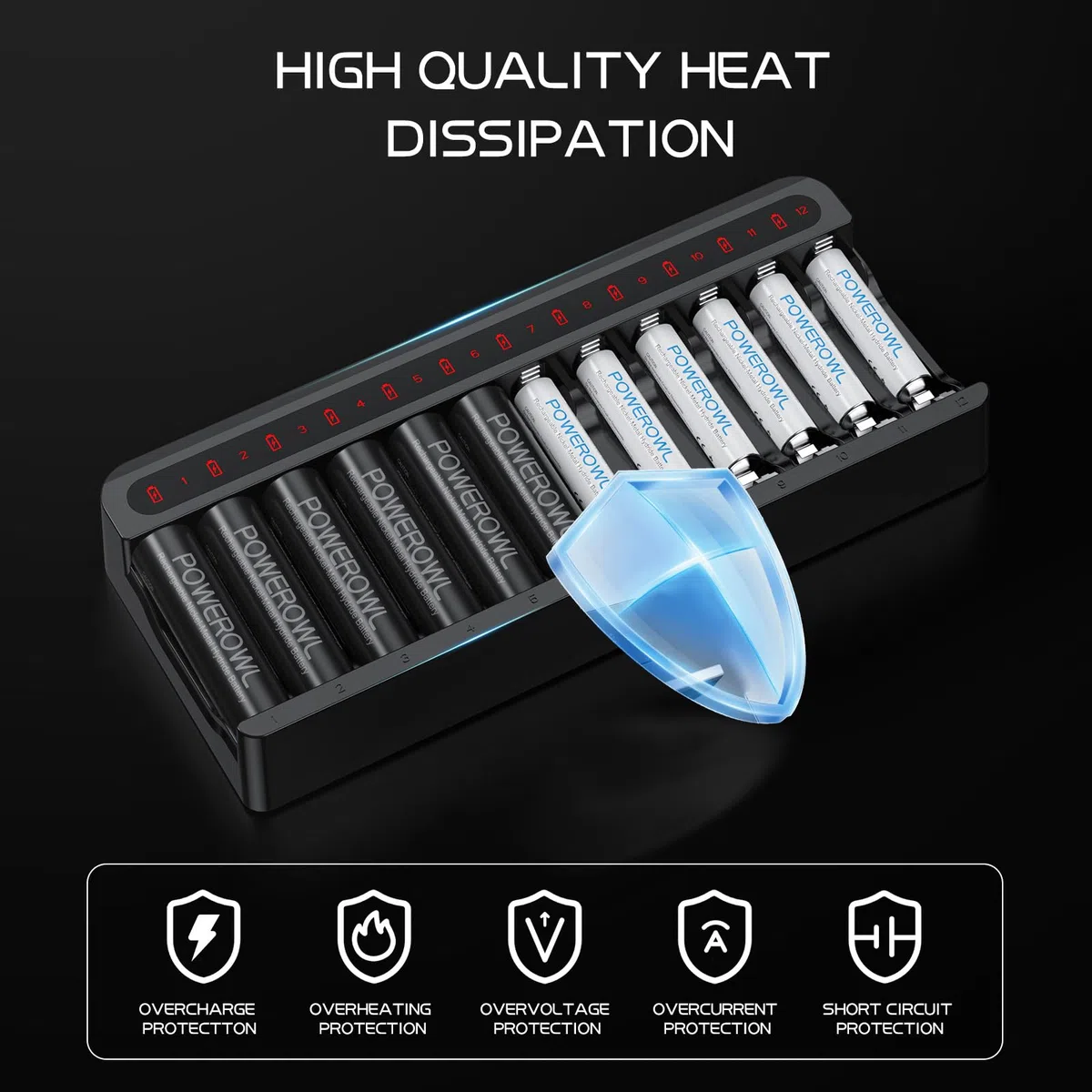 POWEROWL Cargador de Pilas Recargables Rápido, para Pilas Recargables Ni-MH AA AAA, Sin Adaptador (12 Ranuras