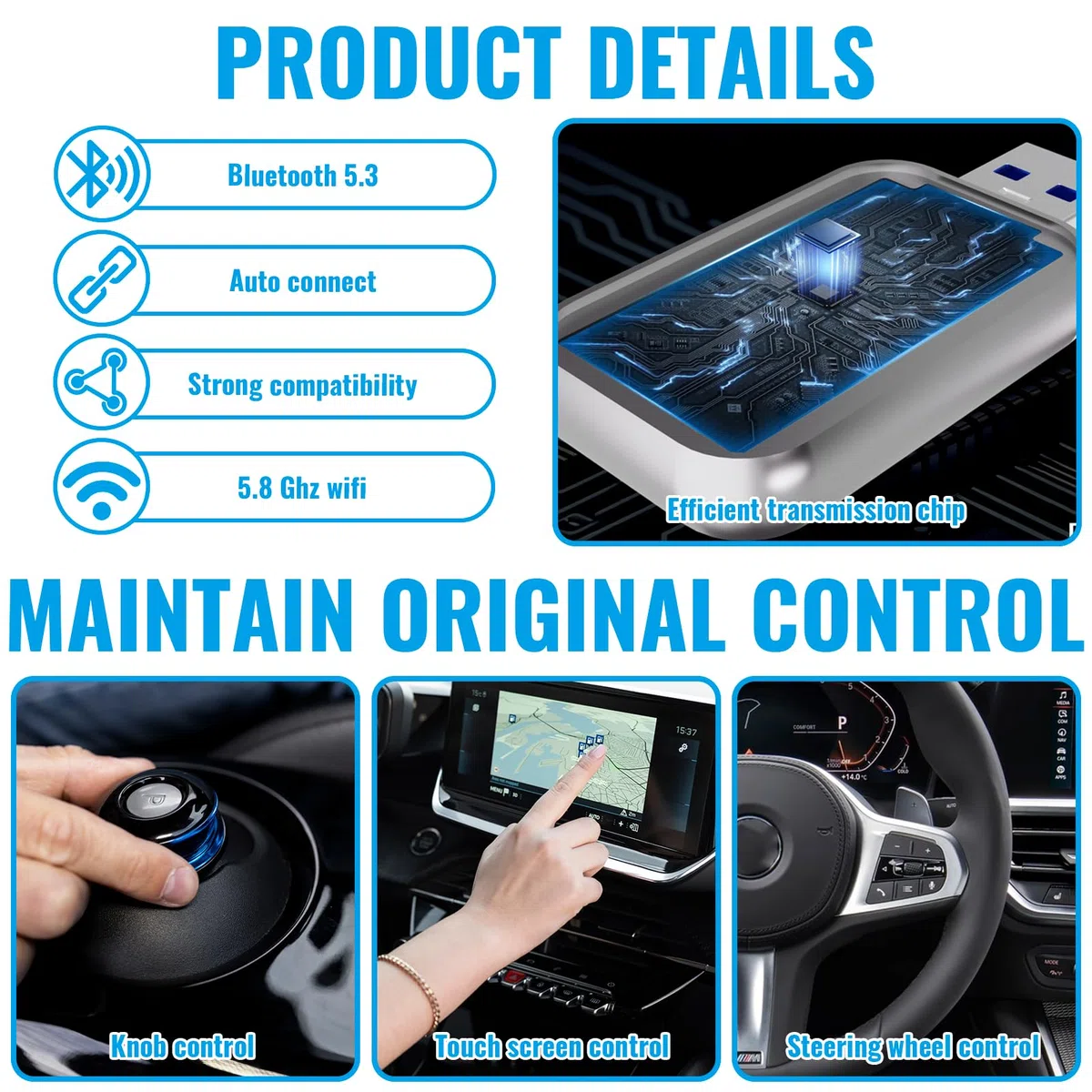 Adaptador CarPlay Inalámbrico 2 en 1, Mini CarPlay Inalámbrico 2 en 1 para Apple CarPlay/Android Auto Plug and Play, Bluetooth y WiFi, Conexión Automática, para iPhone iOS 10+ y Android 11+