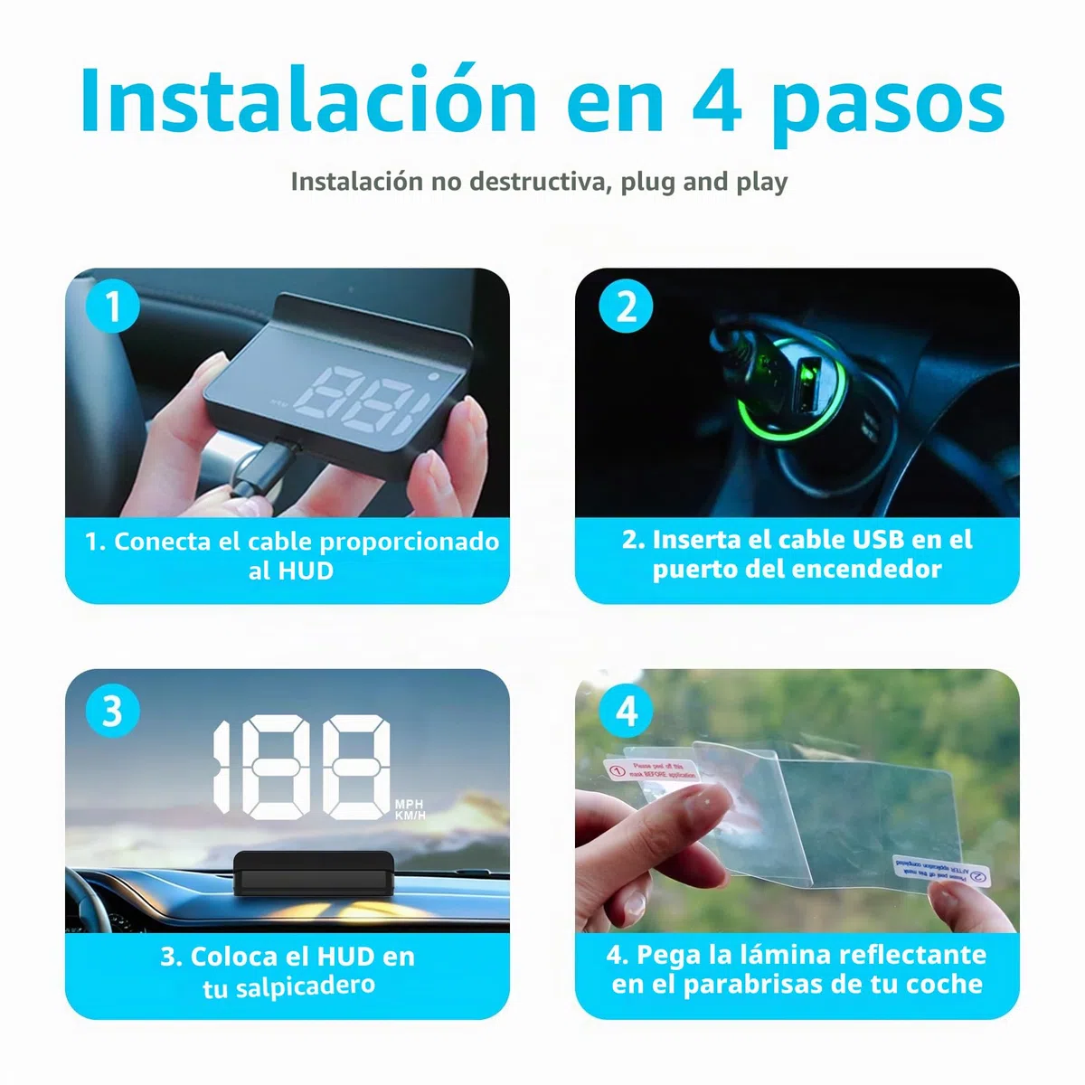 Pantalla frontal para coches, HUD de coche, pantalla frontal para coche, pantalla HUD, cable USB Plug and Play, ajuste automático de brillo, pantalla de fuente grande