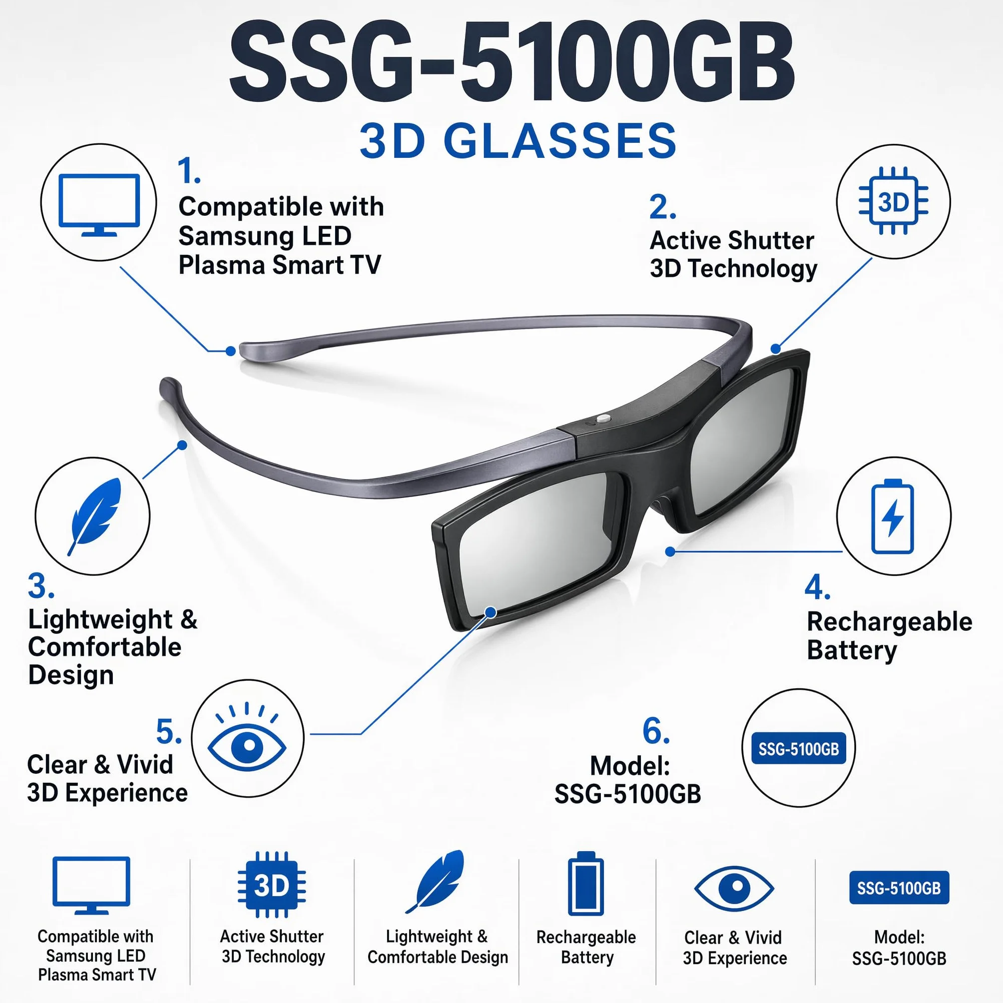 Ajuste original para Samsung SSG-5100GB 3D Active Shutter Glasses 3D TV SSG-4100GB