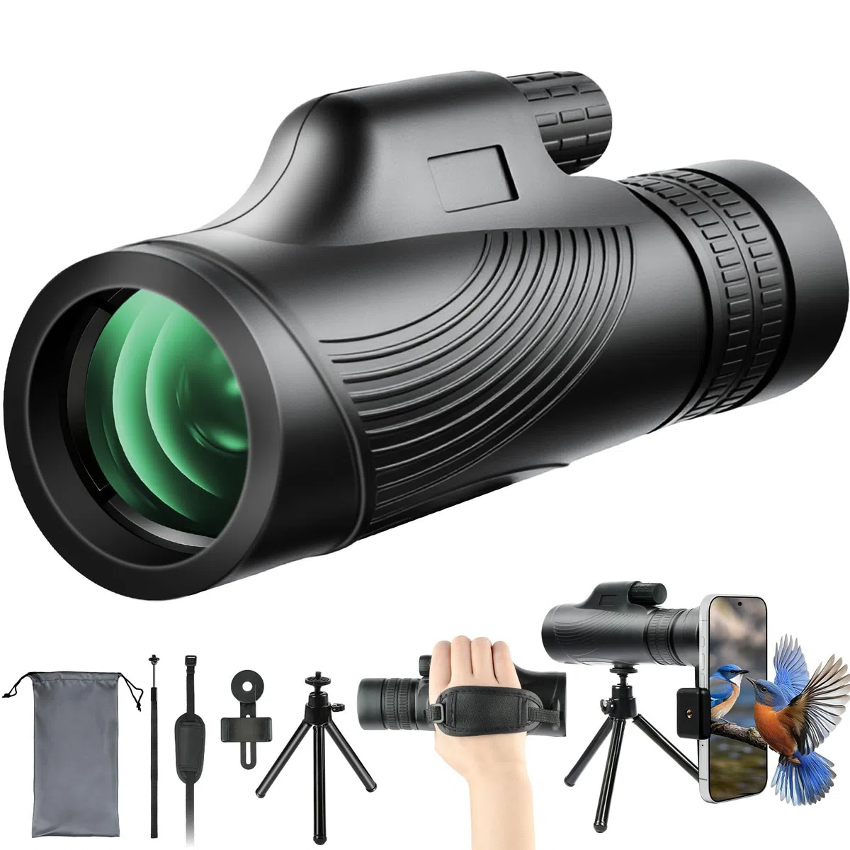 AOOWU Telescopio Monocular, 10-30X42 Zoom Óptico Monoculares de Largo Alcance con Teléfonos y Soporte para Teléfono, Impermeable HD con Prisma BAK4 FMC para Camping, Animales Salvajes de Aves y Viajes