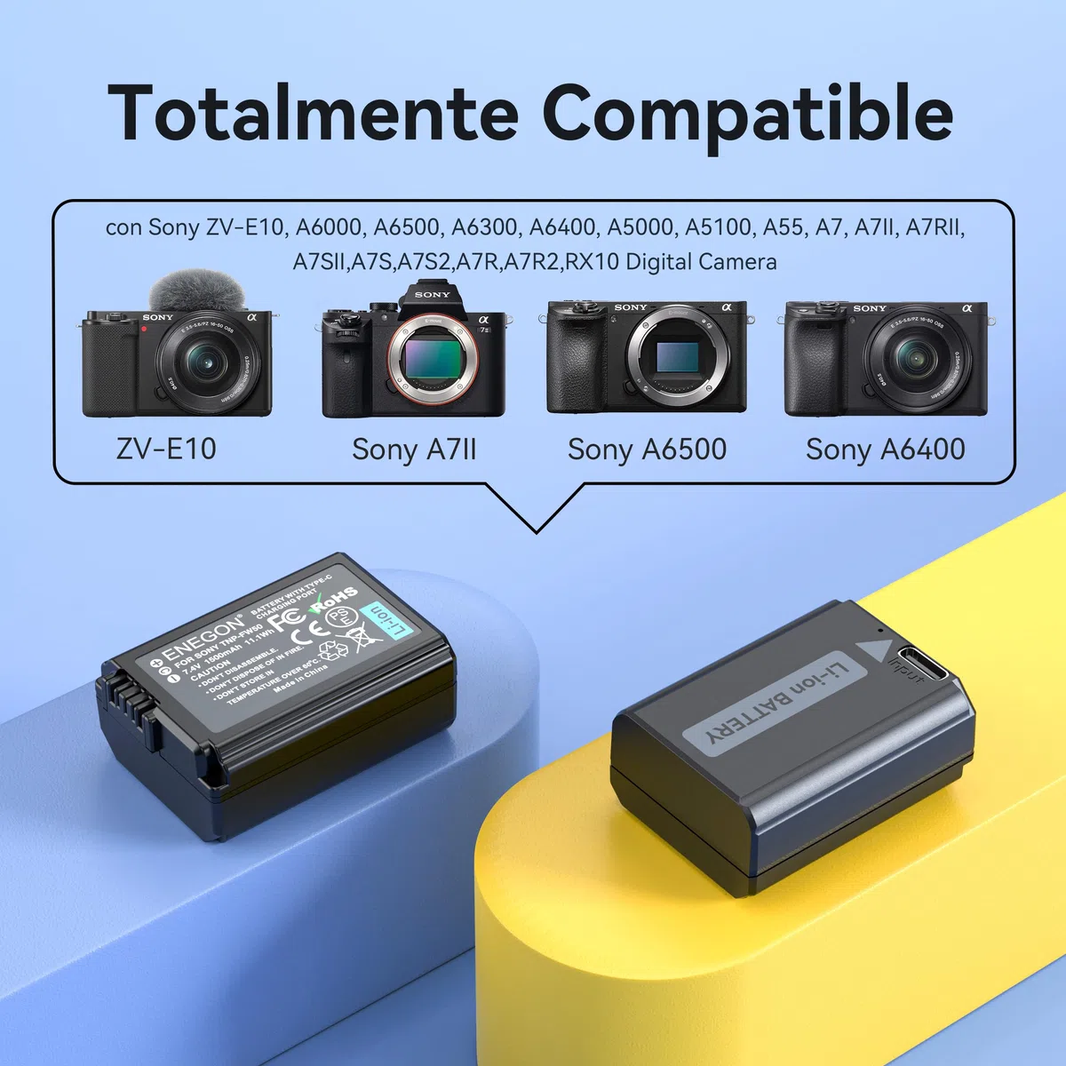 ENEGON NP-FW50 Tipo C Puerto de Carga Baterías (2x1500mAh) para Sony ZV-E10, A6000, A6500, A6300, A6400, A7, A7II, A7RII, A7SII, A7S, A7S2, A7R, A7R2, A55, A5100, A5000, A3000, A55, RX10