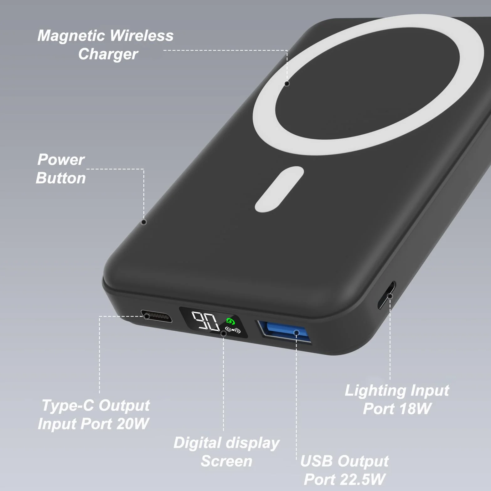 AOGUERBE for Magsafe Power Bank 10000mah, Magnético Batería Externa Carga Rápida,Cargador Inalámbrico 22.5W PD Bateria Portátil Powerbank con Pantalla LED para iPhone 17/16/15/14/13/12 Series