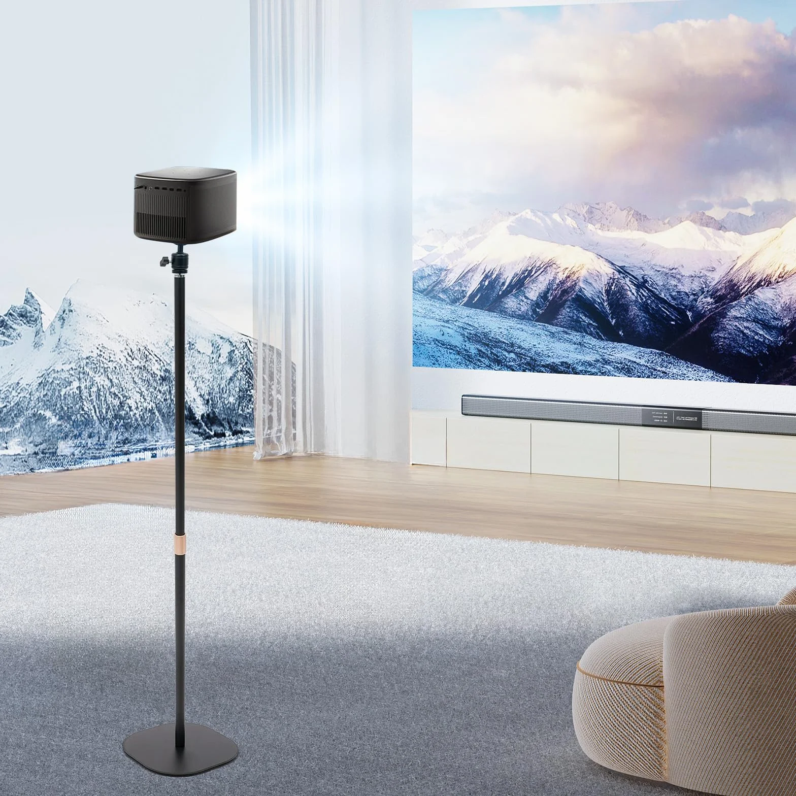 Soporte para proyector regulable en altura 65-120 cm, giratorio 360 grados, trípode de suelo para proyector para cine en casa, oficina, salón, presentaciones