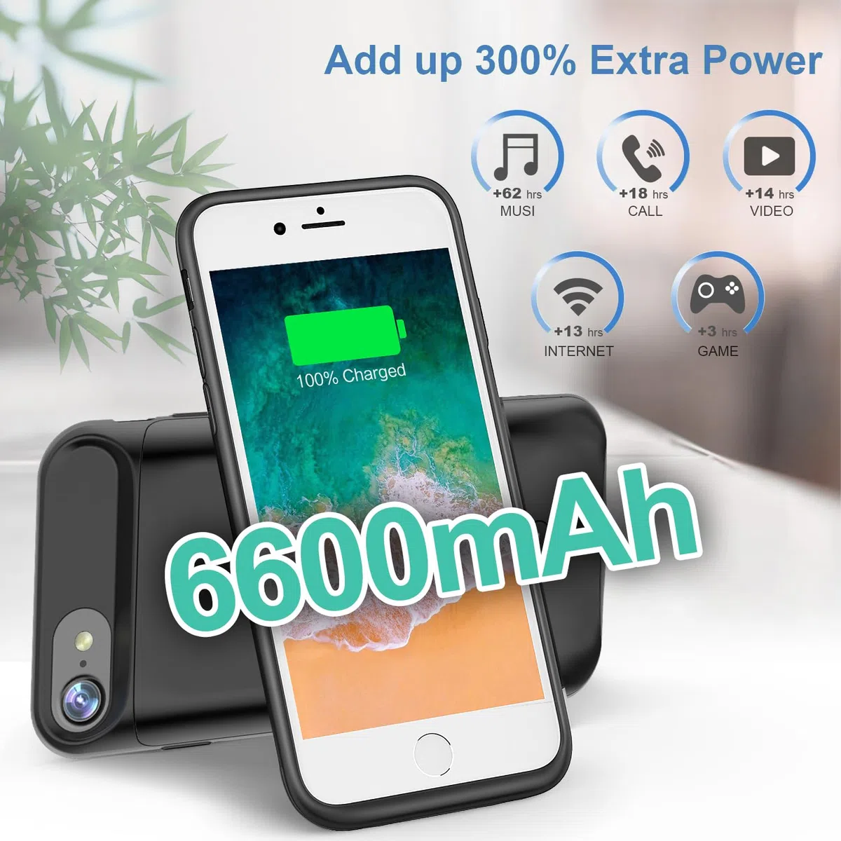 JCK Funda de batería iPhone 6 / 6s / 7/8 / SE 2020/ SE 2022, 4.7 Pulgadas, Estuche de Carga portátil Delgado Mejorado de 6600 mAh Estuche de batería extendido para Banco de energía Recargable