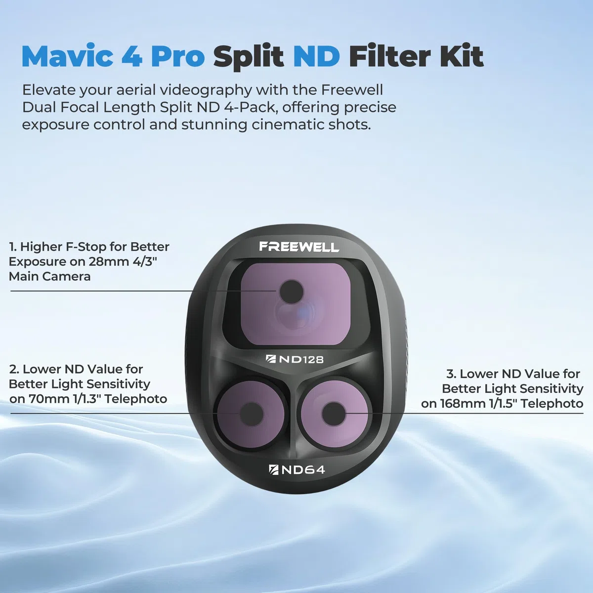 Freewell Paquete de 3 filtros ND divididos para dji Mavic 4 Pro - Split ND128/ND64, ND256/ND128, ND512/ND256 - para días soleados súper Brillantes