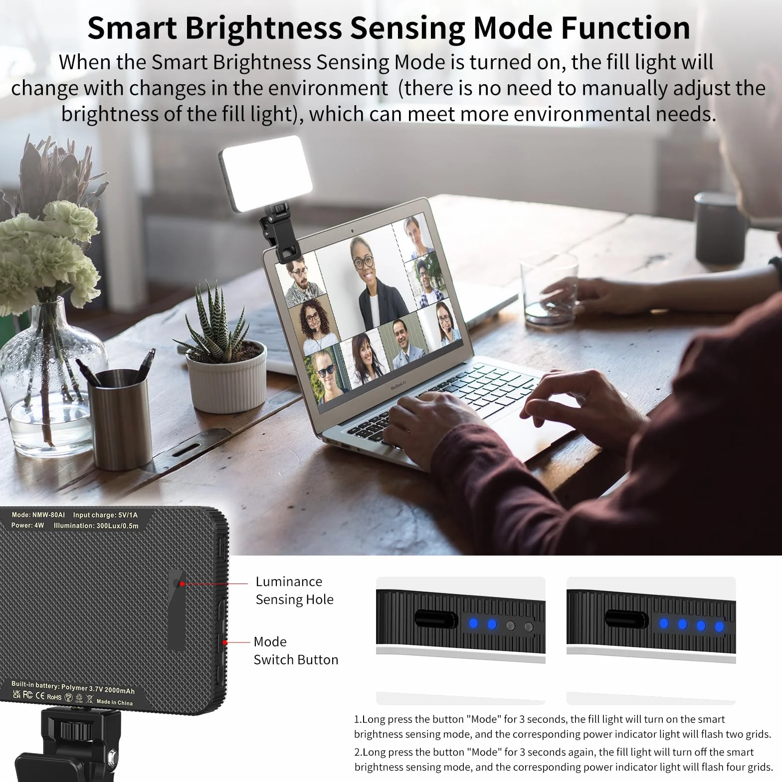 Newmowa Selfie Light, Clip Recargable en la luz del teléfono con Sensor de luz Inteligente para teléfono/portátil/Tableta/cámara, 3 Modos para TikTok/Maquillaje/Selfie/videoconferencia