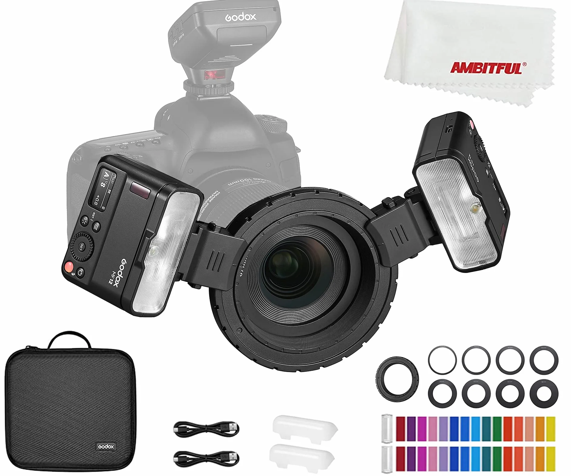 Godox MF12 MF12-K2 Flash Macro de 12 W, Control inalámbrico de 2.4G, Modo TTL/M, batería de Litio incorporada de 3.7V / 6.29W como Flash Compatible con Nikon, Sony, Canon, Fuji, Olympus y Panasonic