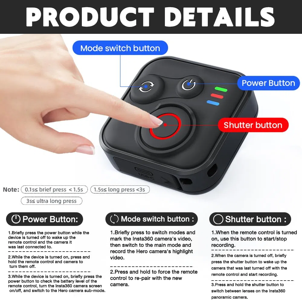 Blueteeth Remote Control for GoPro Hero 13/12/11/Insta360 X5/X4/X3/Ace Pro 2/Ace Pro/GO3S/GO3/IOS/Android, Inalámbrico Inteligente Mando a Distancia con Muñeca y Cable de Carga USB para GoPro