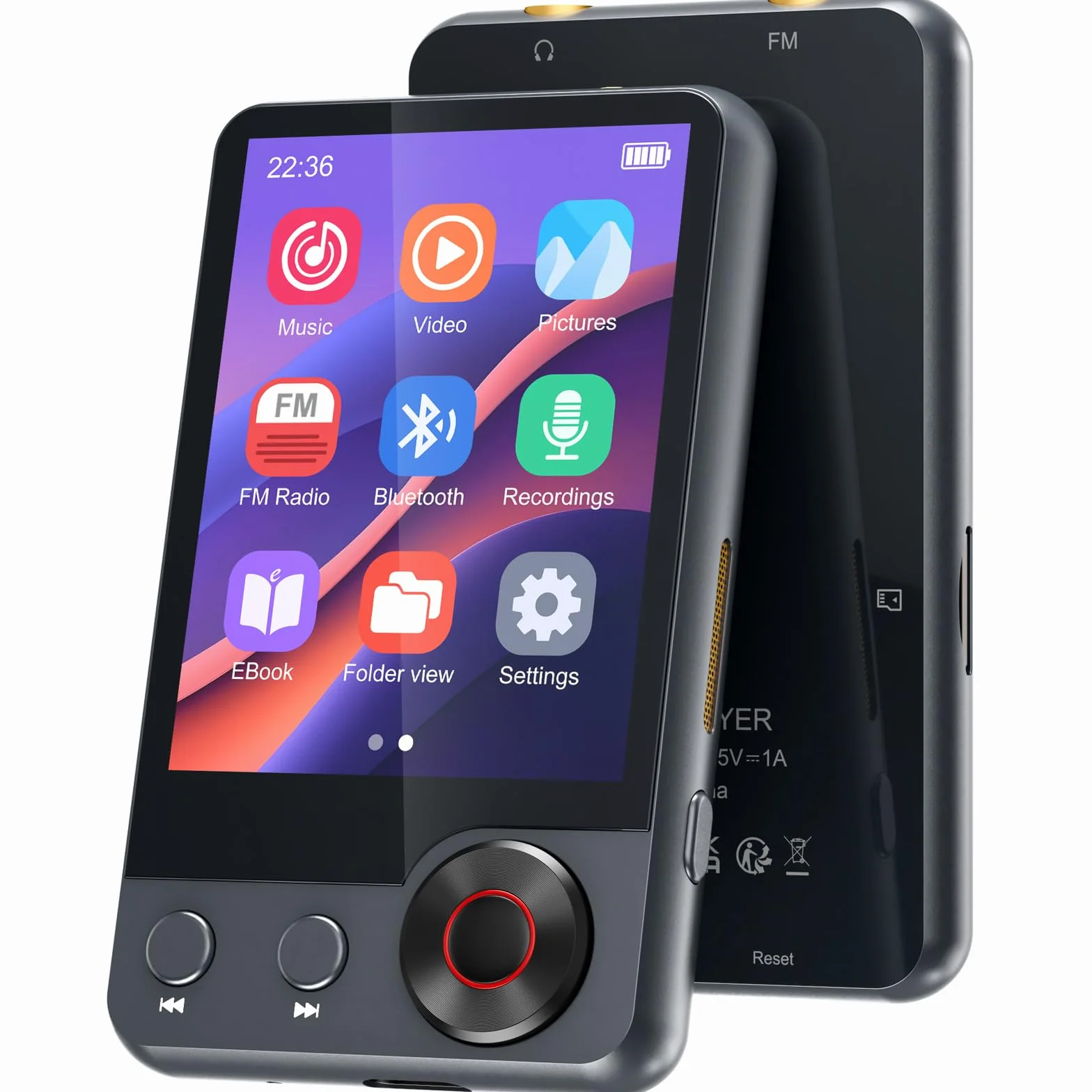 Reproductor MP3 de 128GB con Bluetooth 5.3, Reproductor de Música Portátil con 2,4'' con Altavoz, Reproductor MP3 con Radio FM, Grabación de Voz, Auriculares (Negro)