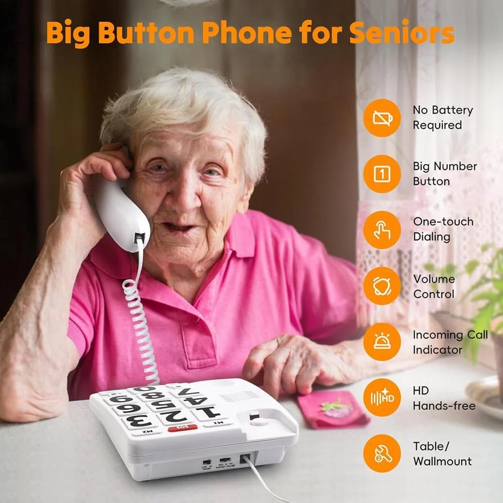 Teléfono de Botón Grande para Personas Mayores, Teléfono Fijo Residencial, Teléfono de Ayuda con una Tecla para Personas con Discapacidad Visual y Auditiva