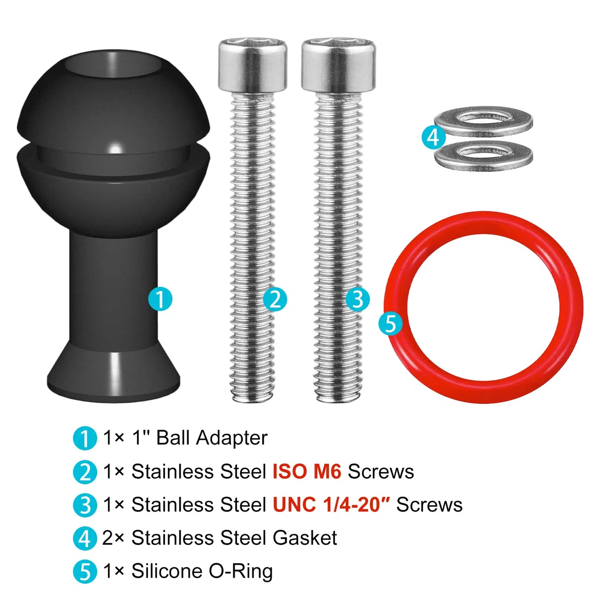 MINIFOCUS Adaptador de bola de 1" con rosca M6 y 1/4", aleación de aluminio, adaptador de montaje de cabeza de bola fija para cámara de acción y videocámara, compatible con soporte de bandeja