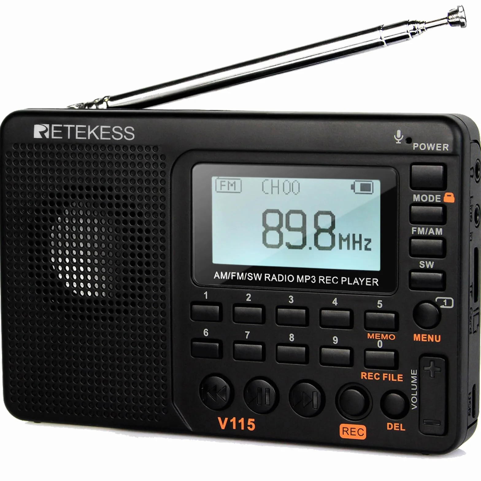 Retekess V115 Radio Portátil Pequeña, Radio a Pilas, Am FM SW, TF/USB, 3 Modos de Grabación, Tiempo de Sueño, Pantalla LCD, Radios Pequeñas Digitales con MP3 Familia, Exterior, Emergencia, Regalo