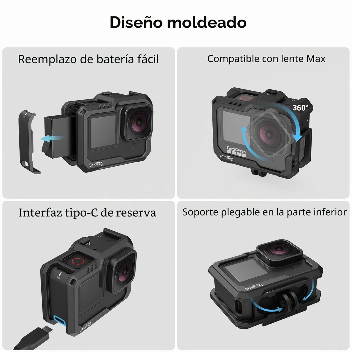 SMALLRIG Hero 13 / Hero 12 / Hero11 / Hero 10 / Hero 9 Jaula Negra para GoPro, con 2 Soportes de Cold Shoe para GoPro Light Mod y micrófono Común, luz de Video LED - 3083C