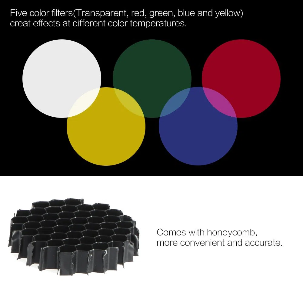 Metal cónico Snoot con rejilla de nido de abeja 5pcs Kit de filtro de color para Bowens Mount Studio estroboscópico Monolight Fotografía Flash
