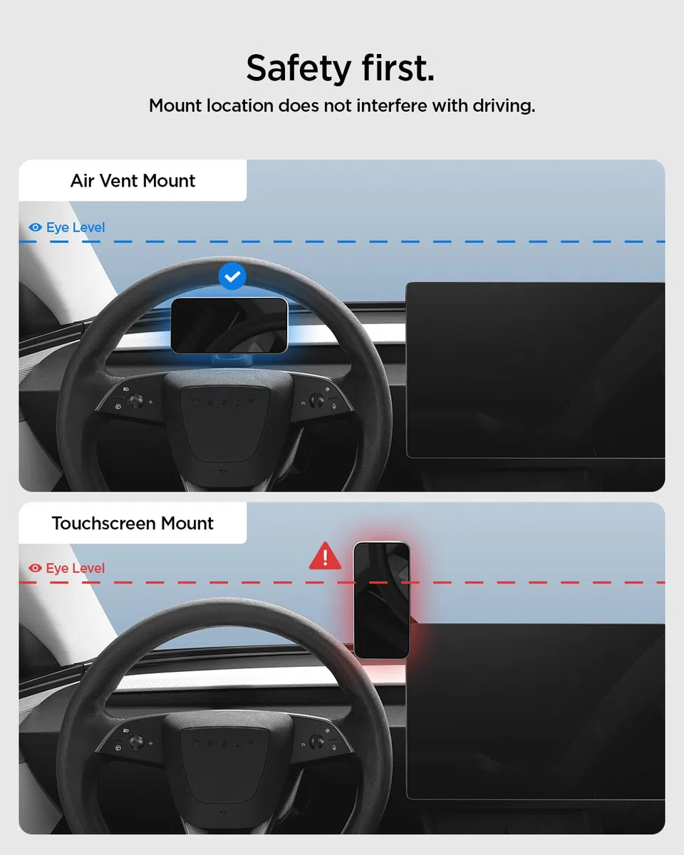 Spigen Tesla Model Y Juniper 2025~ & Model 3 Highland 2024~ (Solo Standard & Premium, NO Compatible con Performance) Soporte Movil Coche MagSafe, Accesorios Tesla Compatible con iPhone 17 17e 16 15 13