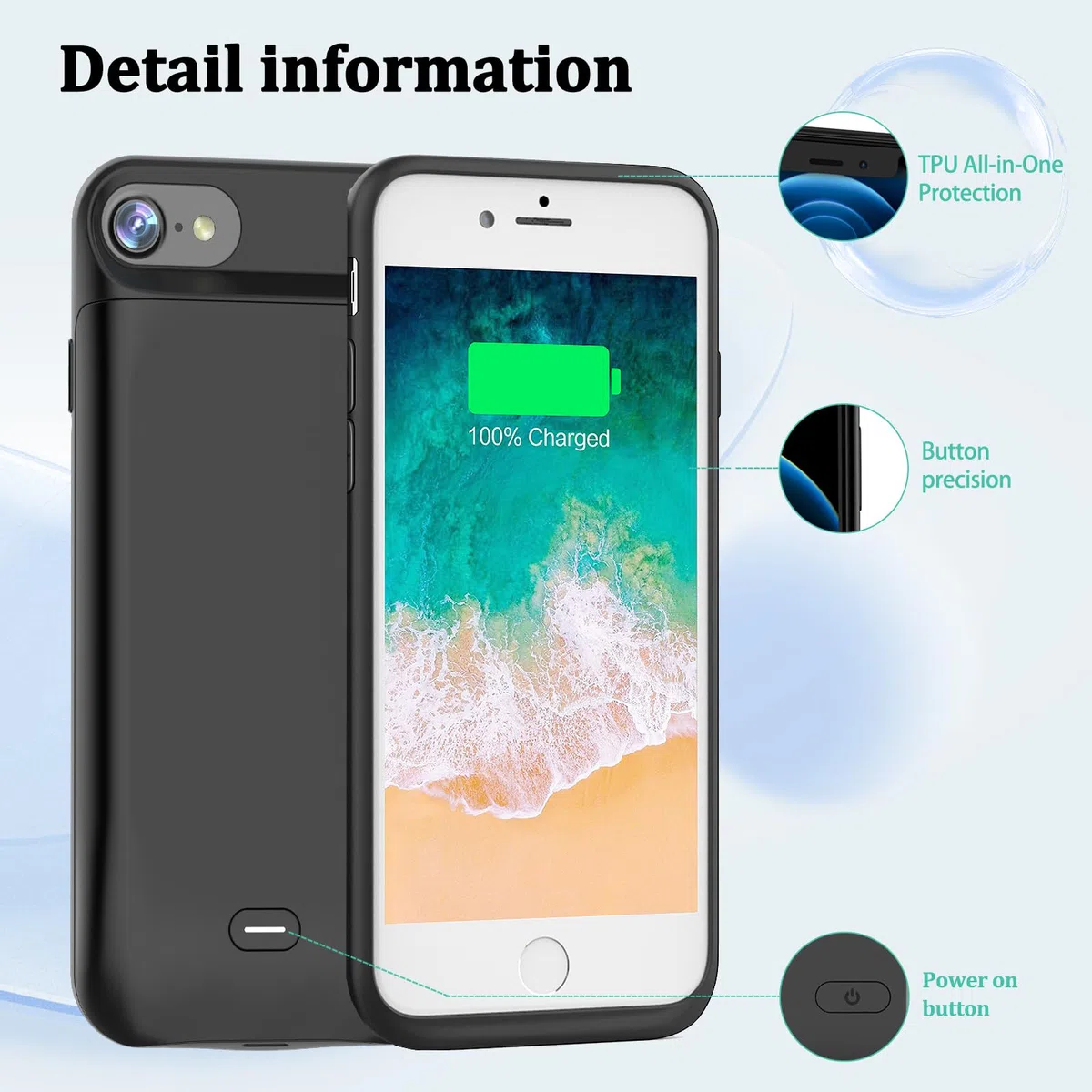 JCK Funda de batería iPhone 6 / 6s / 7/8 / SE 2020/ SE 2022, 4.7 Pulgadas, Estuche de Carga portátil Delgado Mejorado de 6600 mAh Estuche de batería extendido para Banco de energía Recargable