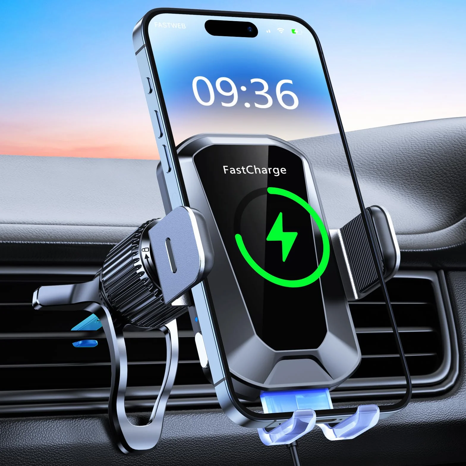 EOIWUY 15W Cargador Inalámbrico Coche, [Sujeción Automática] 360° Rotación Soporte Movil Coche Cargador Inalambrico Carga Rápida para Rejilla Compatible con iPhone 17/16/15/14/13, Galaxy S25/S24, etc