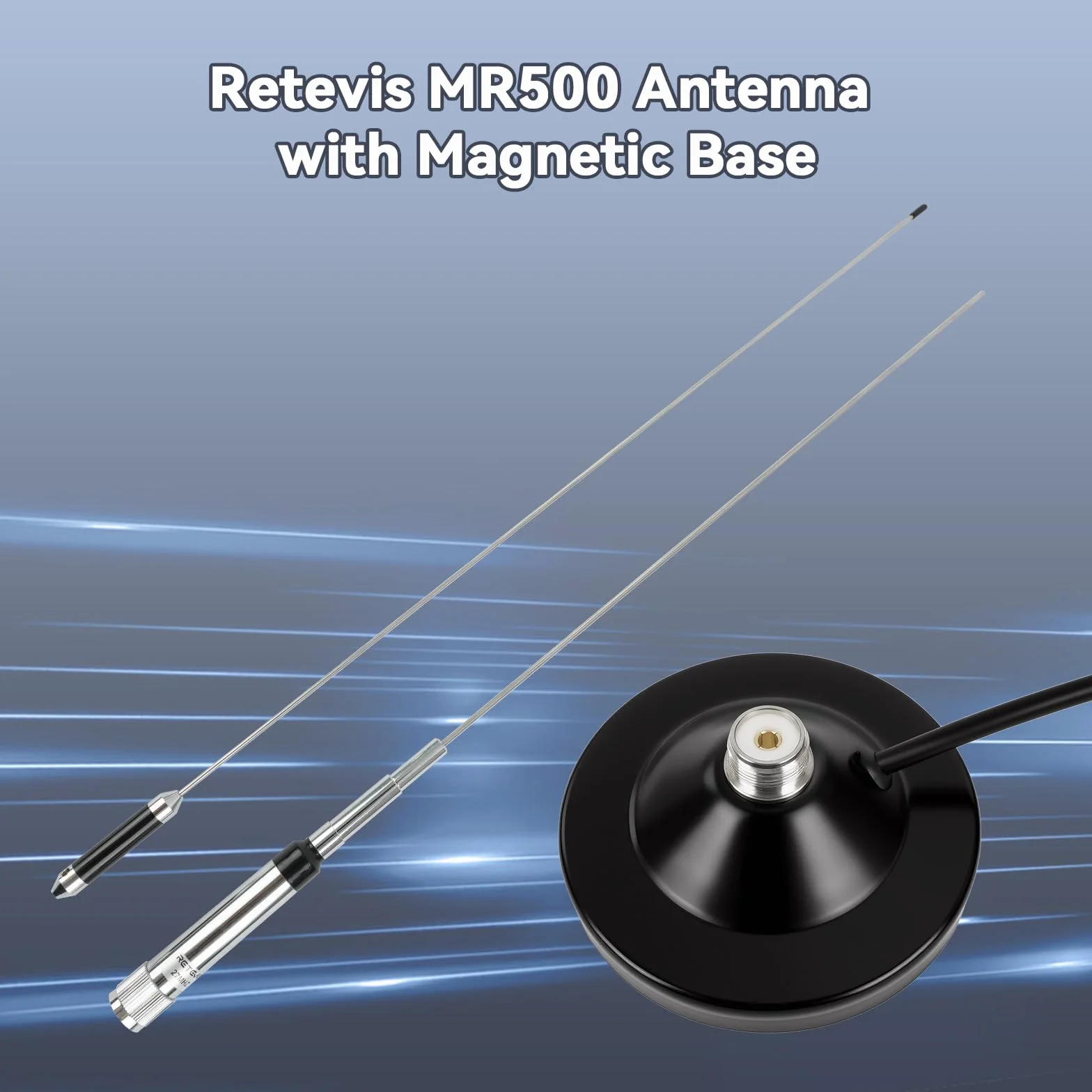 Retevis MR500 CB Antena, Longitud 1,2 m, 50Ω, PL259, Montaje Magnético, Acero Inoxidable, Antena de Radio CB, Cable RG58 de 5 m, Antena CB 27 mhz Coche Compatible con President Randy-III MB62 MB63A