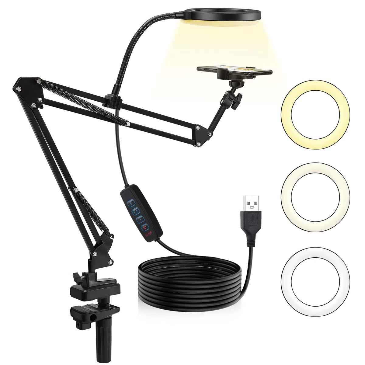 Soporte En Voladizo para TeléFono MóVil con Ring Light, Brazo De SujecióN De Sobremesa Flexible para Luz De Relleno, CáMara, MicróFono (26cm)