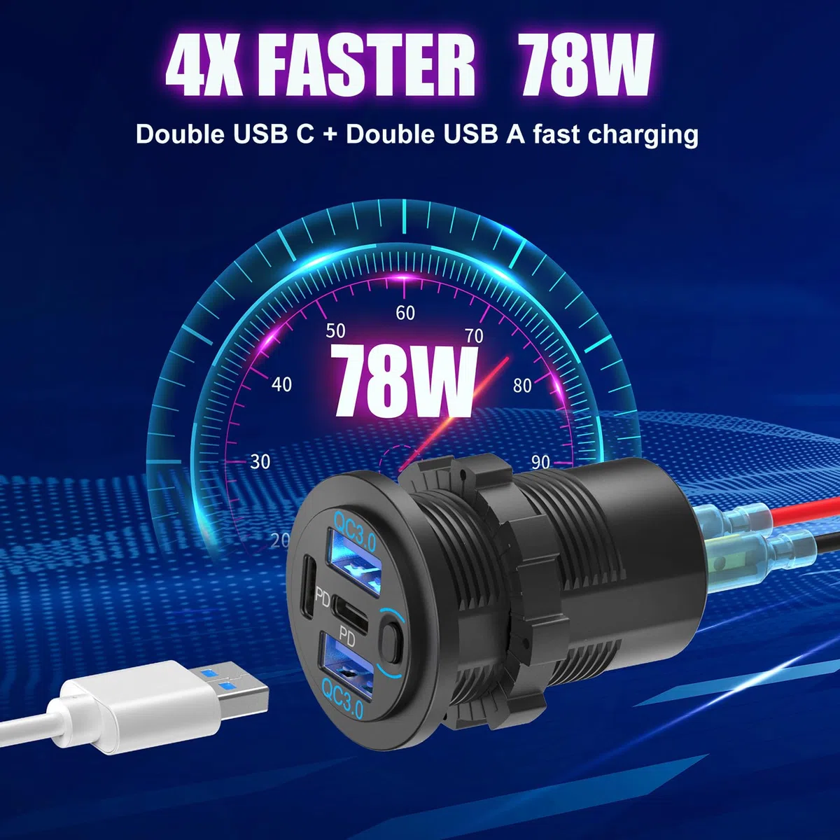 2 Paquete 78W Toma USB 12V Cargador de Coche, Super Rápido Doble PD3.0 & QC3.0 Múltiples Puertos USB para Coche, USB C Encendedor de Repuesto Enchufe de 12 Voltios Impermeable para Marina Barco Moto