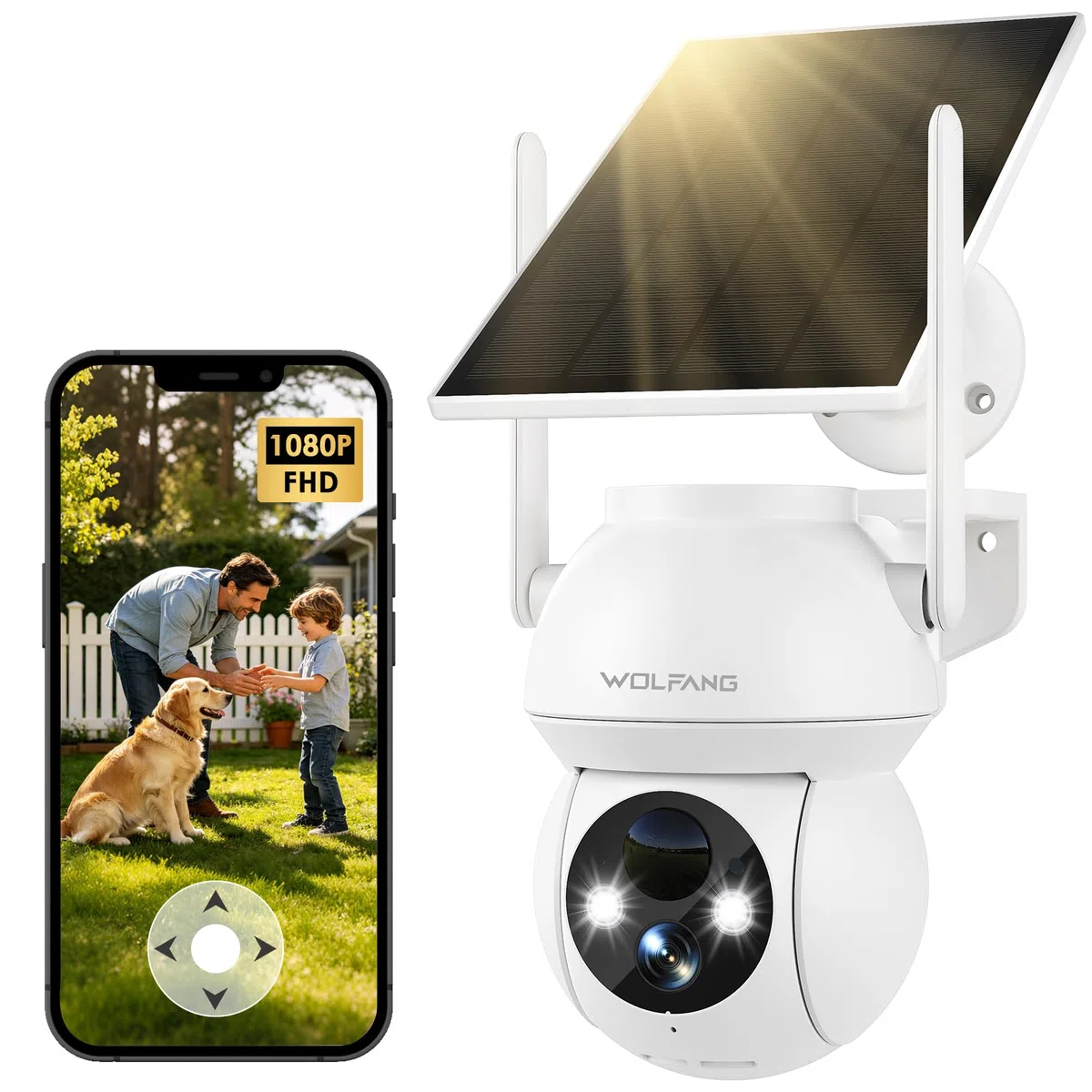 WOLFANG Cámara de Seguridad Solar 1080P para Exteriores, cámara WiFi PTZ de 360° (Solo 2.4G), detección de Movimiento PIR, visión Nocturna a Color, Audio bidireccional, IP65, Funciona con Alexa y