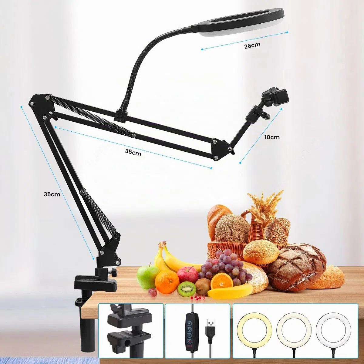Soporte En Voladizo para TeléFono MóVil con Ring Light, Brazo De SujecióN De Sobremesa Flexible para Luz De Relleno, CáMara, MicróFono (26cm)