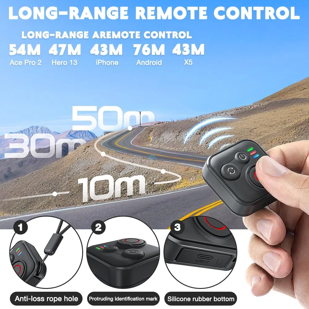 Blueteeth Remote Control for GoPro Hero 13/12/11/Insta360 X5/X4/X3/Ace Pro 2/Ace Pro/GO3S/GO3/IOS/Android, Inalámbrico Inteligente Mando a Distancia con Muñeca y Cable de Carga USB para GoPro