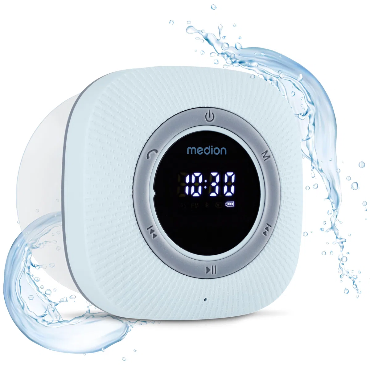 MEDION P66096 Radio de Ducha con Bluetooth (Radio de baño, Radio FM, Ventosa, Pantalla LED, Impermeable IPX6, batería Recargable integrada, MD43884) Azul