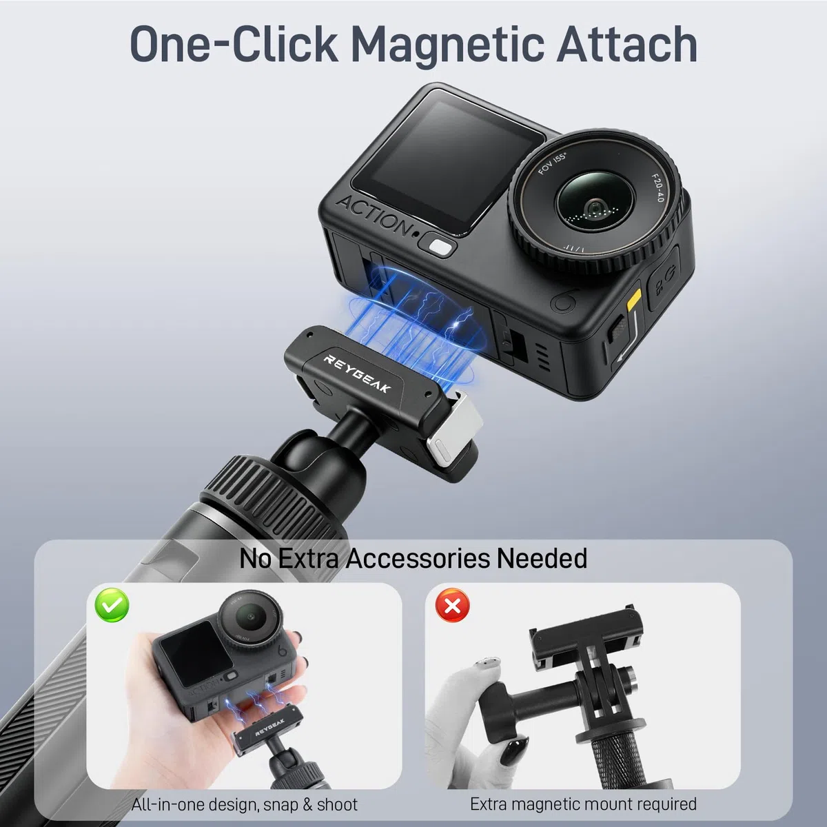 REYGEAK Trípode magnético para selfie para DJI Osmo Action 6/5/4/3/Nano, mango de cámara extensible con soporte de liberación rápida, cabeza de bola de 360° para video vertical, soporte de trípode